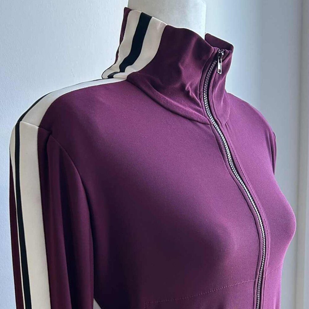 Norma Kamali Aubergine Iconic Zip-Front Track Jacket w/ Racing Stripes - US S